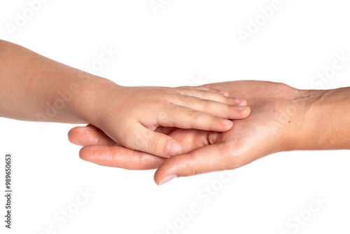 Child's hand in mother's hand isolated on white background. Close-up of baby's and mother's hands.