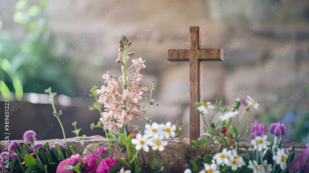 A wooden cross on a rustic altar, surrounded by flowers, symbolizing the simplicity and beauty of faith A wooden cross on a rustic altar, surrounded by flowers, symbolizing the simplicity and beauty of faith