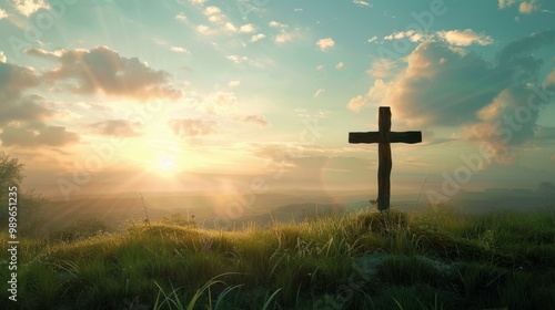 A wooden cross standing alone on a grassy hill at sunrise, symbolizing hope and resurrection in Christianity