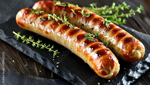 Golden brown sausage roll on black slate with fresh thyme, embodying comfort food and homemade goodness with its savory flavors and flaky pastry delight.