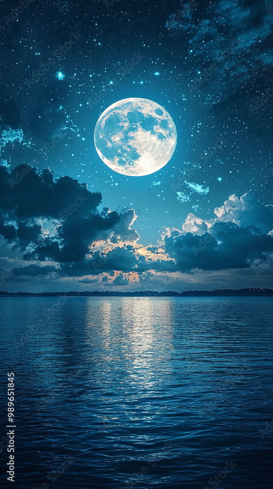 Naklejka premium Serene Night Sky with Full Moon and Stars Reflected on Calm Ocean Waters