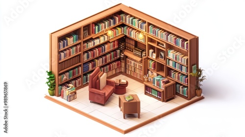 Cozy library corner with bookshelves, seating, and decor for reading and relaxation.