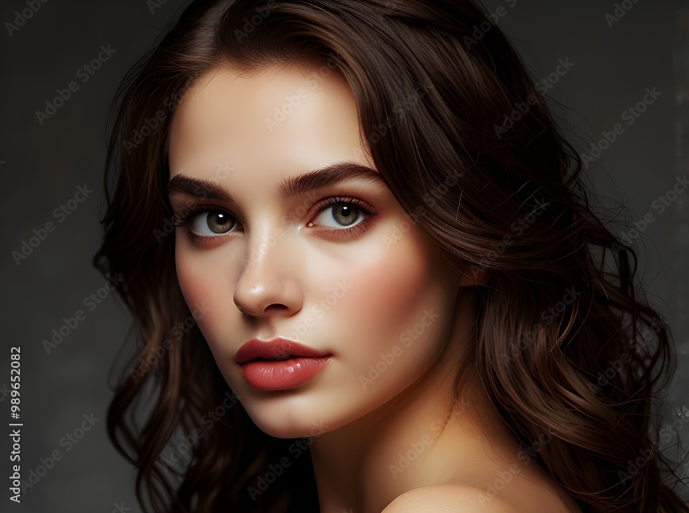 Fototapeta premium A young Caucasian woman with long wavy brown hair, blue eyes, and red lipstick against a dark background