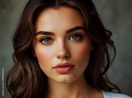 A young Caucasian woman with long brown wavy hair, green eyes, and natural makeup