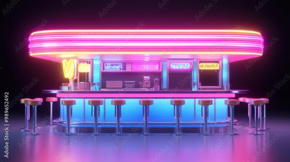 Fototapeta premium A vibrant, retro-style diner with neon lights and bar stools, evoking a nostalgic atmosphere.