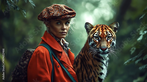 The Protector: A woman in red stands solemnly with a majestic tiger in a verdant jungle, her gaze unwavering in this captivating portrait of courage and conservation.  photo