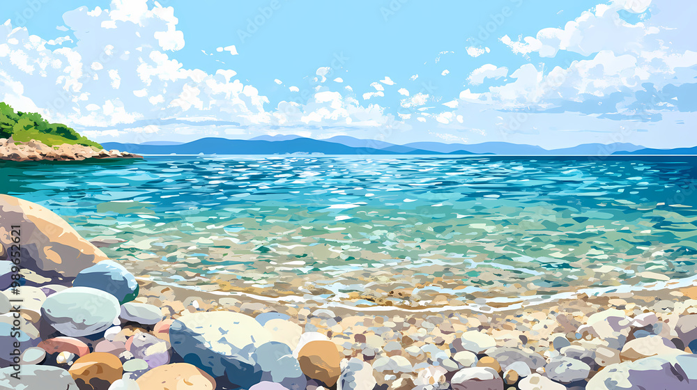Tranquil pebble beach with crystal clear water under blue sky. Crystal Clear Beach. Illustration Tranquil pebble beach with crystal clear water under blue sky. Crystal Clear Beach. Illustration