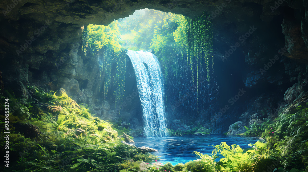 Subterranean cave with a hidden waterfall and lush vegetation, rich greens and blues, realistic, digital painting, tranquil and refreshing,. Hidden Waterfall. Illustration Subterranean cave with a hidden waterfall and lush vegetation, rich greens and blues, realistic, digital painting, tranquil and refreshing,. Hidden Waterfall. Illustration