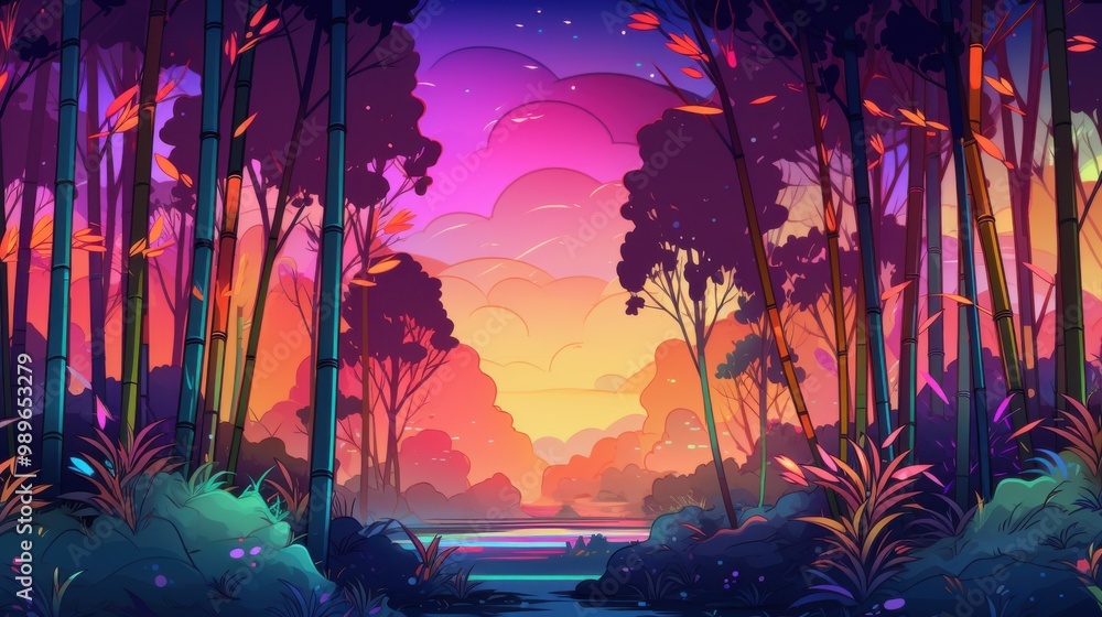 Fototapeta premium A Colorful Sunset Through a Bamboo Forest
