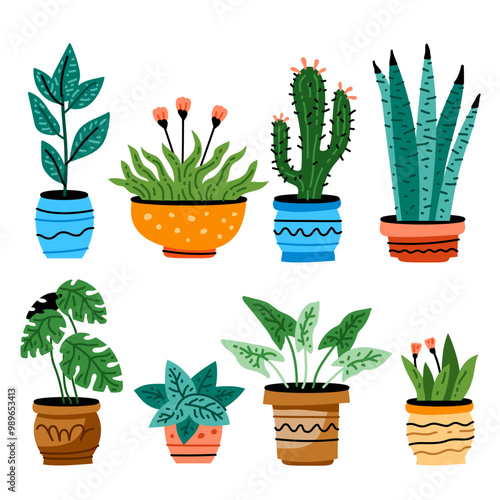 Potted plants set. Interior houseplants in planters, baskets, flowerpots. Home indoor green decor. Different succulents, cacti, foliage. Flat graphic vector