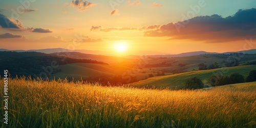 Vibrant summer sunset over rolling hills, warm hues blending into a softly blurred background, evoking serene evening tranquility