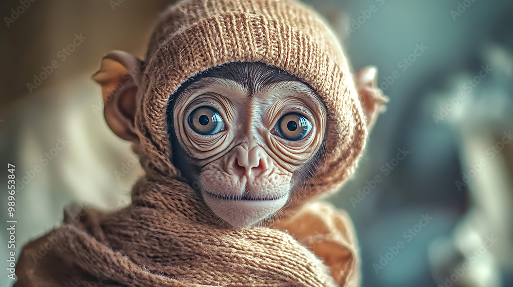 Curious Gaze: An adorable baby monkey peers out from under a cozy knit hat, its large, expressive eyes captivating the viewer with a sense of wonder and innocence. Curious Gaze: An adorable baby monkey peers out from under a cozy knit hat, its large, expressive eyes captivating the viewer with a sense of wonder and innocence.