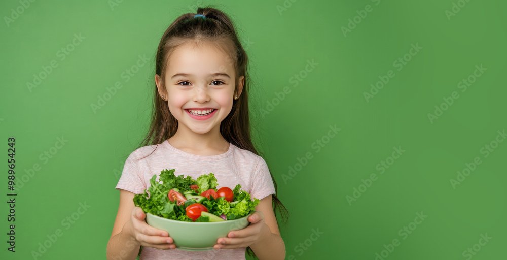 Young Girl Holding a Large Bowl of Healthy Salad on a Green Background. Healthy Lifestyle Concept Young Girl Holding a Large Bowl of Healthy Salad on a Green Background. Healthy Lifestyle Concept