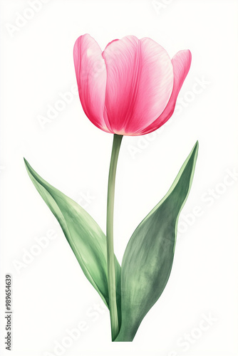 Wallpaper Mural Pink Tulip on White Background.  A single pink tulip with green leaves isolated on a white background, showcasing the delicate beauty of the flower. Torontodigital.ca