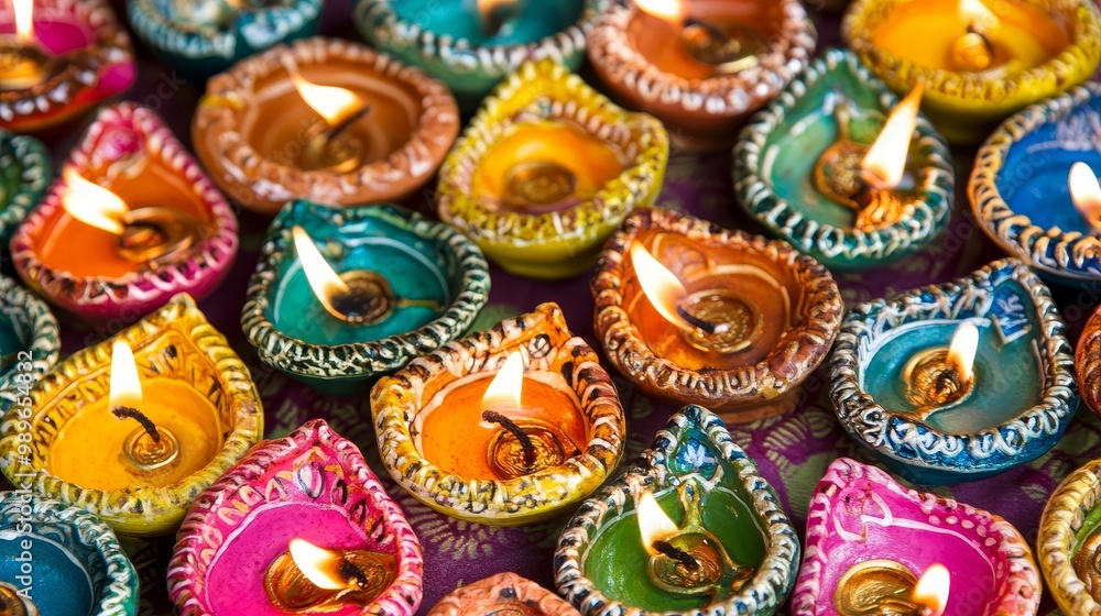 Fototapeta premium Colorful clay diya lamps beautifully lit during Diwali celebration, illuminating homes with warmth, festive spirit. Vibrant decorations, joyful atmosphere enhance the essence of this cultural festival
