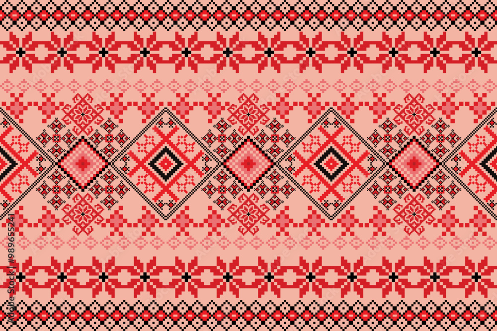 “Pixel Pattern Textile Design – Ethnic Red Geometric Seamless Vector | Created in Affinity Designer”