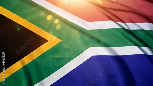 The South African flag proudly flutters in the breeze under bright sunlight, symbolizing the country's history, diversity, and unity among its people