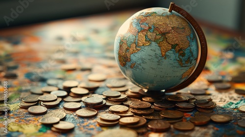 Globe and coins placed on world map, soft light reflecting travel and finance