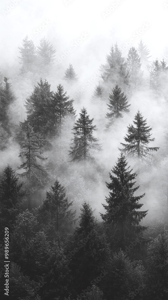Obraz premium Monochrome Forest Landscape with Fog and Mist Scenery in Black and White