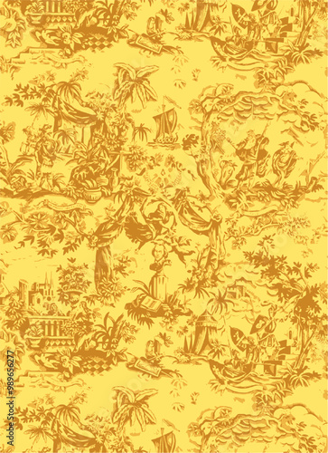 A yellow background with an intricate design of various scenes, including people, trees, animals, and buildings