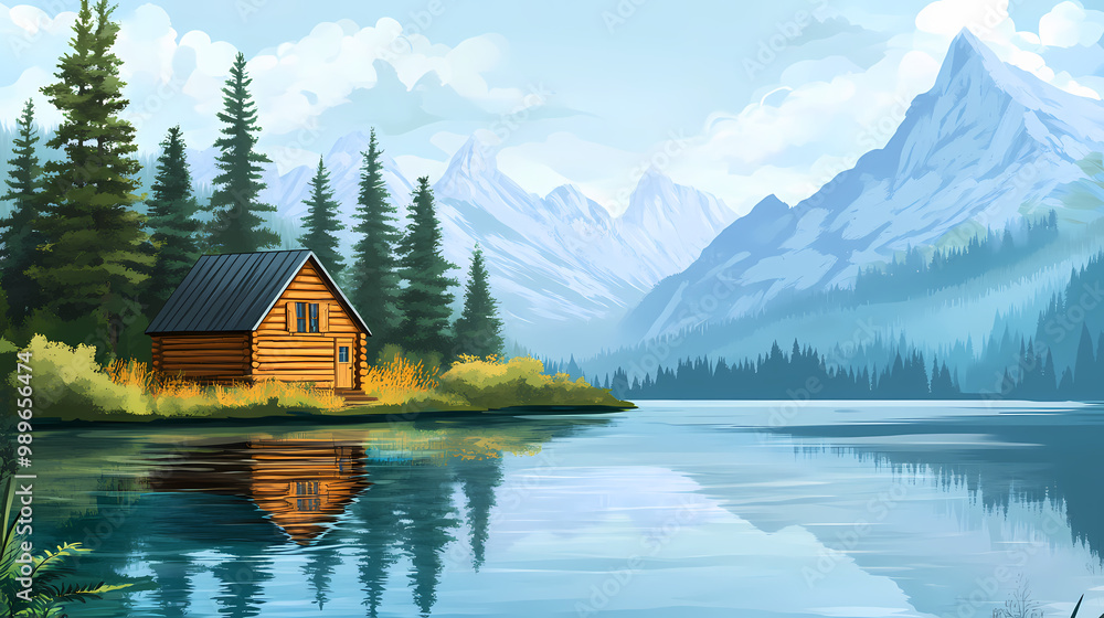Fototapeta premium Wood cabin on the lake - log cabin surrounded by trees, mountains, and water in natural landscapes. Mountain Lake. Illustration