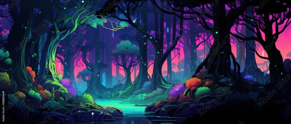 Fototapeta premium Enchanted Forest with Glowing Stream and Luminous Flowers