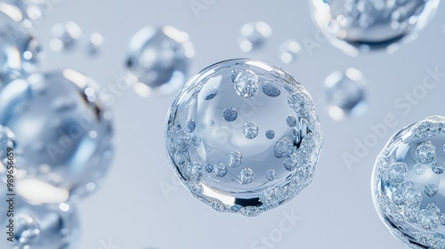 A close-up view of transparent bubbles floating in a light background.