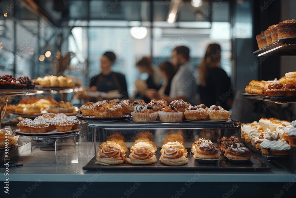 Delicious Pastries Displayed in a Modern Bakery Bustling With Customers During the Afternoon Rush Delicious Pastries Displayed in a Modern Bakery Bustling With Customers During the Afternoon Rush