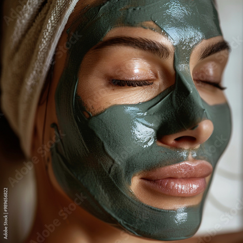 A girl applies a cosmetological natural face mask, face cream photo