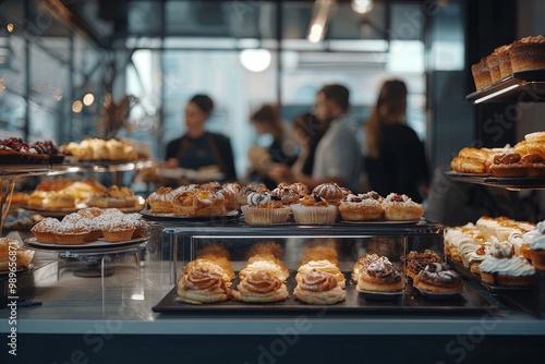 Delicious Pastries Displayed in a Modern Bakery Bustling With Customers During the Afternoon Rush