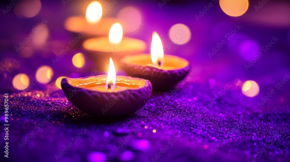 Happy Diwali celebration featuring beautifully lit clay diya lamps illuminating the night during the Hindu festival of lights, showcasing colorful traditional designs on a vibrant purple background Happy Diwali celebration featuring beautifully lit clay diya lamps illuminating the night during the Hindu festival of lights, showcasing colorful traditional designs on a vibrant purple background