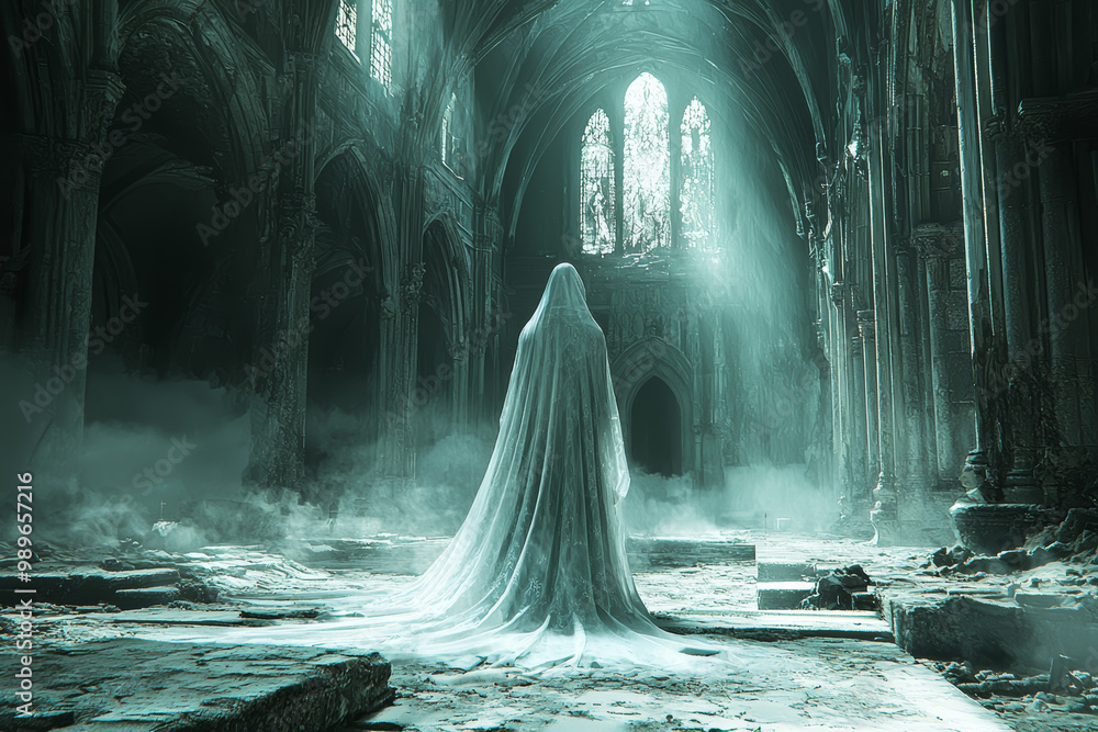 A ghostly waltz in a ruined cathedral, where the spirits of the dead dance forever. Concept of the sacred and the profane. A ghostly waltz in a ruined cathedral, where the spirits of the dead dance forever. Concept of the sacred and the profane.