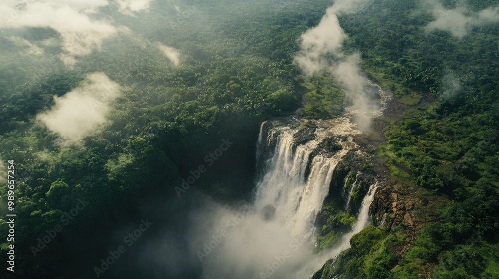 Aerial view of a majestic waterfall surrounded by lush greenery and mist. Aerial view of a majestic waterfall surrounded by lush greenery and mist.