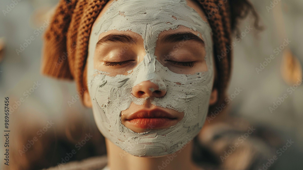 A girl applies a cosmetological natural face mask, face cream A girl applies a cosmetological natural face mask, face cream