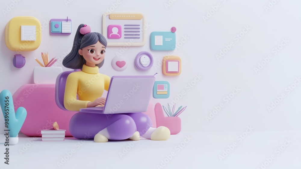 Obraz premium A cartoon character working on a laptop in a colorful, creative workspace.