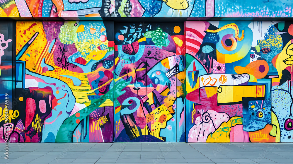 Fototapeta premium Vibrant street art mural covering an entire building. Street Art. Illustration
