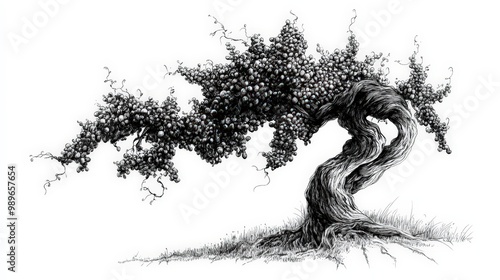 Vintage Wine Bush in Abstract Coal Sketch - Minimalist Vector Illustration on White Background