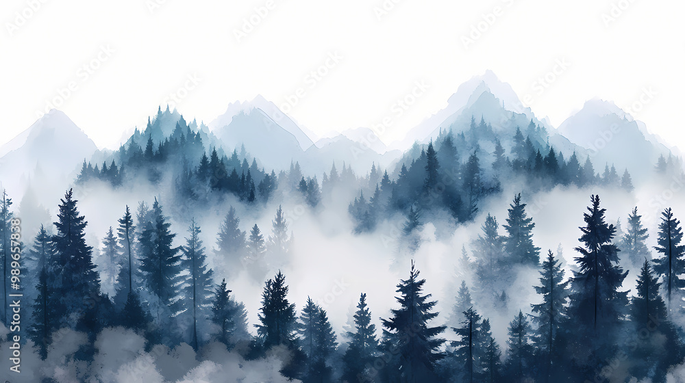 Fototapeta premium Watercolor foggy forest landscape illustration. wild nature in wintertime. abstract graphic isolated on transparent background. Foggy Forest. Illustration