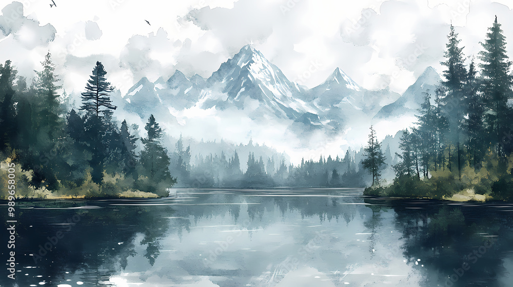 Naklejka premium Watercolor mountain landscape clipart, forest lake background clip art, summer nature painting image, sublimation design. Mountain Lake. Illustration