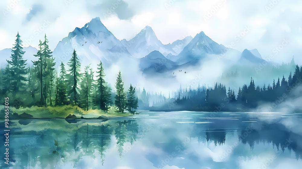 Fototapeta premium Watercolor mountain landscape clipart, forest lake background clip art, summer nature painting image, sublimation design. Mountain Lake. Illustration