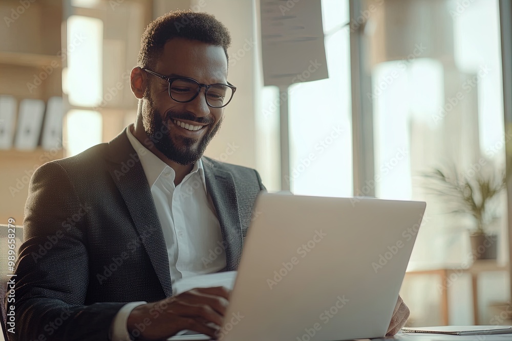 Professional Man Working on a Laptop While Smiling in Well-Lit Office During the Day Professional Man Working on a Laptop While Smiling in Well-Lit Office During the Day