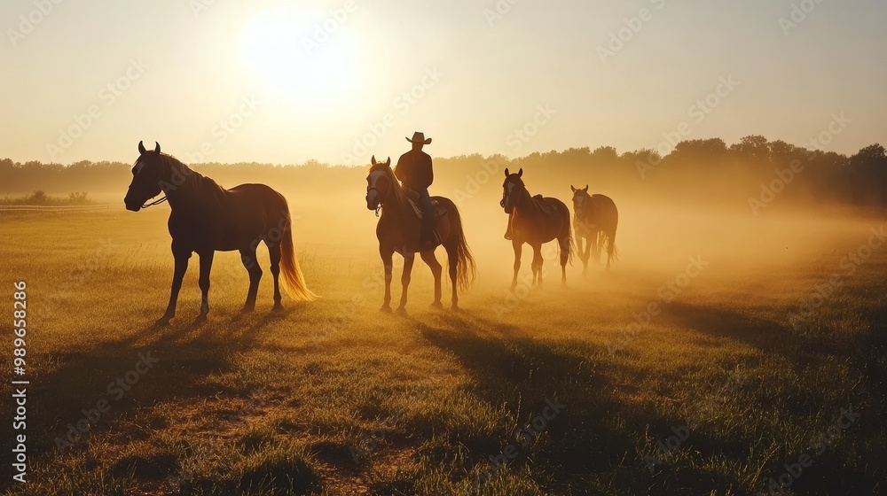 Cowboys guiding horses through a dusty field, showcasing the rugged charm of western life and the bond between man and animal in a natural outdoor setting Cowboys guiding horses through a dusty field, showcasing the rugged charm of western life and the bond between man and animal in a natural outdoor setting
