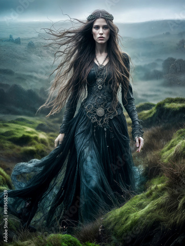 The Morrigan celtic goddess if war fate and death as a beautiful pale woman in a black dress in misty moorland