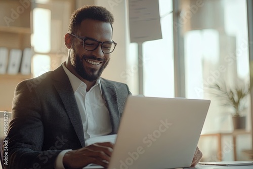 Professional Man Working on a Laptop While Smiling in Well-Lit Office During the Day