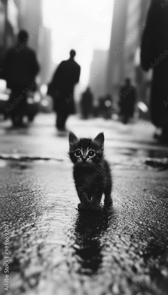 Obraz premium Sad kitten walks along the road in the city
