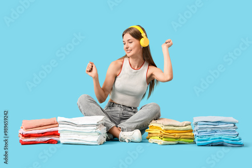 Young woman in headphones w...