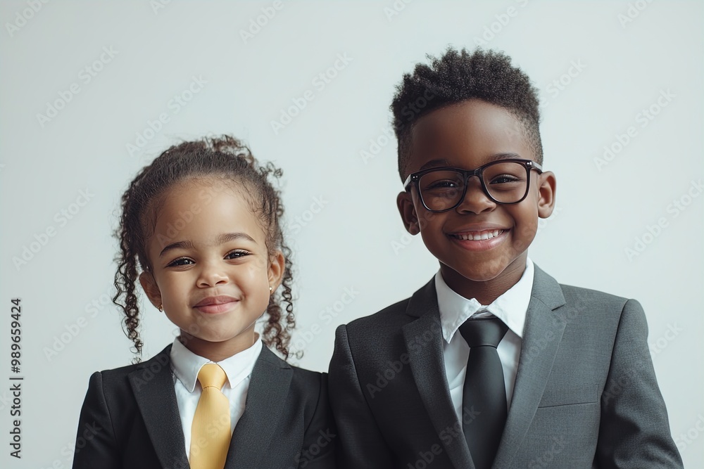Young Children Dressed in Formal Attire Pose Confidently for a Portrait Against a Neutral Background Young Children Dressed in Formal Attire Pose Confidently for a Portrait Against a Neutral Background