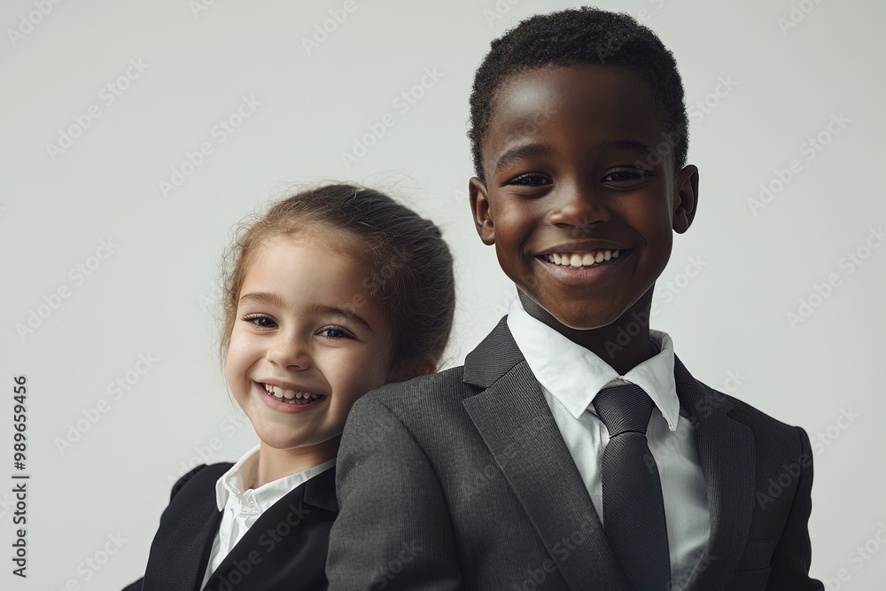 Two Children in Formal Attire Smiling and Posing Together, Showcasing Friendship and Joy in a Neutral Setting Two Children in Formal Attire Smiling and Posing Together, Showcasing Friendship and Joy in a Neutral Setting