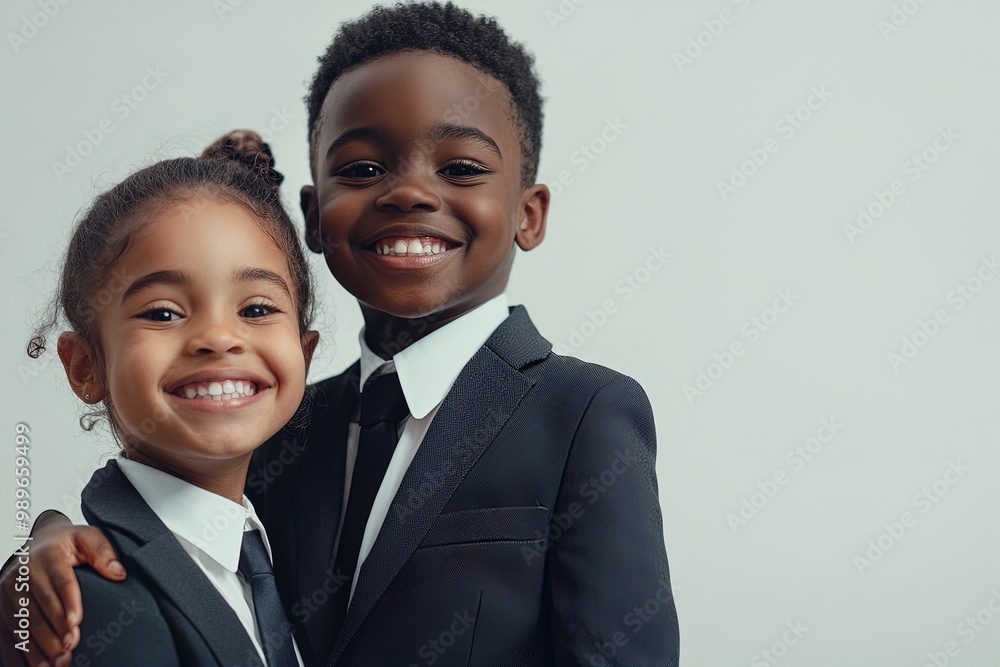 Two Smiling Children in Formal Attire Pose Together Against a Neutral Background, Showcasing Joy and Friendship Two Smiling Children in Formal Attire Pose Together Against a Neutral Background, Showcasing Joy and Friendship