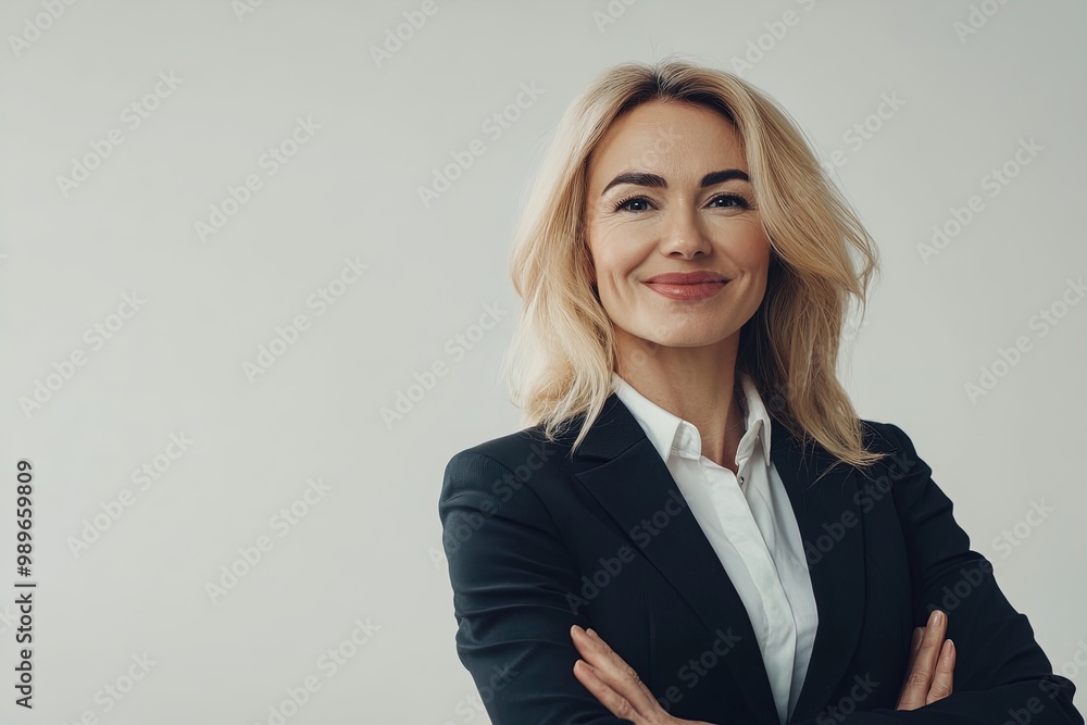 Confident Businesswoman in a Tailored Suit Poses With Arms Crossed Against a Neutral Background Confident Businesswoman in a Tailored Suit Poses With Arms Crossed Against a Neutral Background